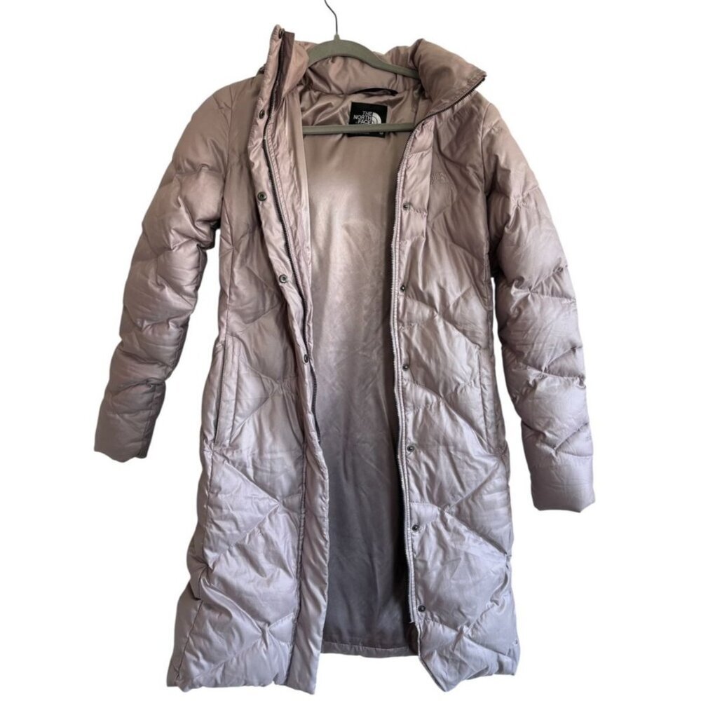 The North Face Women's 550 Metallic Mauve Quilted Down Hooded Puffer XS